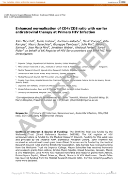 Enhanced Normalisation of CD4/CD8 Ratio with Earlier Antiretroviral Therapy at Primary HIV Infection