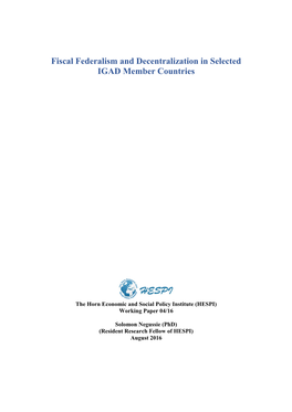 Fiscal Federalism and Decentralization in Selected IGAD Member Countries