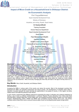 Impact of Micro Credit on a Household Level in Shikarpur District: an Econometric Analysis Prof