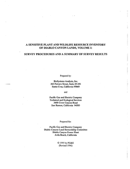 A Sensitive Plant and Wildlife Resource Inventory of Diablo Canyon Lands, Volume Ii