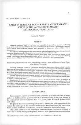 KARST in SILICEOUS ROCKS KARST LANDFORMS and CAVES in the Auyan-TEPUI MASSIF (EST