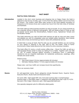 FACT SHEET Red Fox Hotel, Dehradun