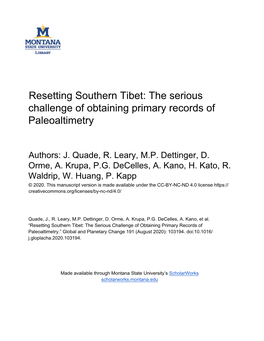 Resetting Southern Tibet: the Serious Challenge of Obtaining Primary Records of Paleoaltimetry