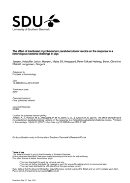 The Effect of Inactivated Mycobacterium Paratuberculosis Vaccine on the Response to a Heterologous Bacterial Challenge in Pigs