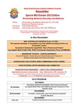 Newsletter Special Mid October 2012 Edition Promoting National Security and Defence