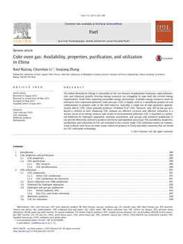 Coke Oven Gas: Availability, Properties, Purification, and Utilization in China