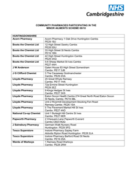 Participating Pharmacies Minor Ailments Scheme