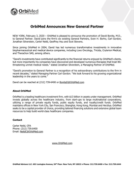 Orbimed Announces New General Partner