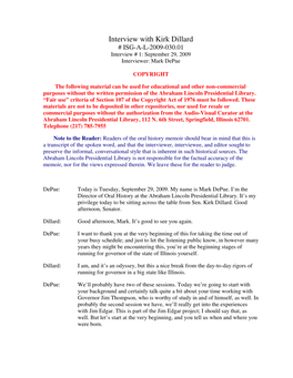 Interview with Kirk Dillard # ISG-A-L-2009-030.01 Interview # 1: September 29, 2009 Interviewer: Mark Depue