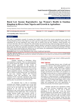 Rural Low Income Reproductive Age Women's Health in Emohua Kingdom in Rivers State Nigeria and Growth in Agriculture