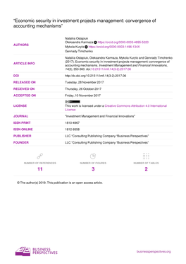 “Economic Security in Investment Projects Management: Convergence of Accounting Mechanisms”