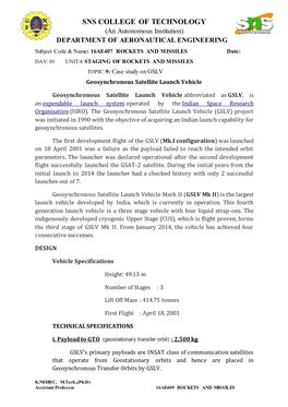 SNS COLLEGE of TECHNOLOGY (An Autonomous Institution) DEPARTMENT of AERONAUTICAL ENGINEERING Subject Code & Name: 16AE407 ROCKETS and MISSILES Date