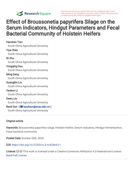 Broussonetia Papyrifera Silage on the Serum Indicators, Hindgut Parameters and Fecal Bacterial Community of Holstein Heifers