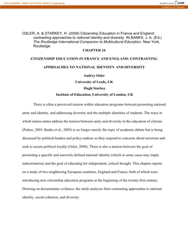 Citizenship Education in France and England: Contrasting Approaches to National Identity and Diversity in BANKS, J