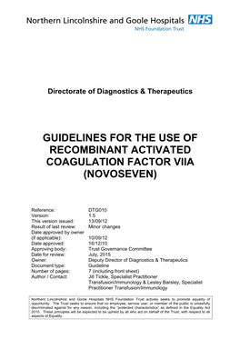 Guidelines for the Use of Recombinant Activated Coagulation Factor Viia (Novoseven)