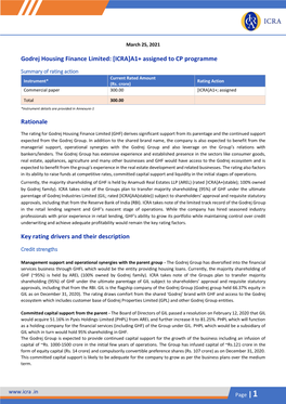 Godrej Housing Finance Limited: [ICRA]A1+ Assigned to CP Programme Rationale Key Rating Drivers and Their Description