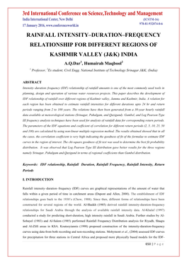 Rainfall Intensity–Duration–Frequency Relationship for Different Regions Of