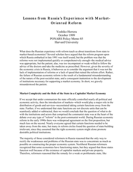 Lessons from Russia's Experience with Market-Oriented Reform