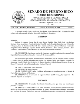 Senado De Puerto Rico Diario De Sesiones Procedimientos Y Debates De La Decimoquinta Asamblea Legislativa Primera Sesion Especial Año 2005 Vol