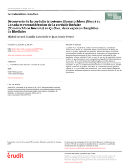 (Somatochlora Filosa) Au Canada Et Reconsidération De La Cordulie Linéaire