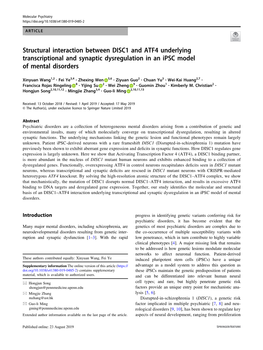 Structural Interaction Between DISC1 and ATF4 Underlying Transcriptional and Synaptic Dysregulation in an Ipsc Model of Mental Disorders