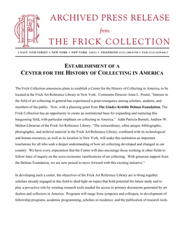 ARCHIVED PRESS RELEASE from the FRICK COLLECTION