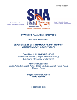 Development of a Framework for Transit-Oriented Development (TOD)