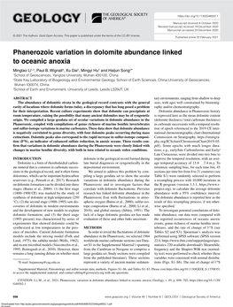 Phanerozoic Variation in Dolomite Abundance Linked to Oceanic Anoxia Mingtao Li1,2, Paul B