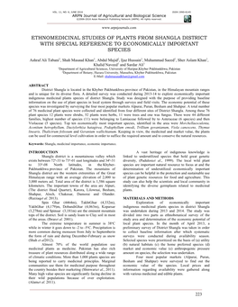 Ethnomedicinal Studies of Plants from Shangla District with Special Reference to Economically Important Species