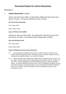 Descendant Report for Johann Rosentreter