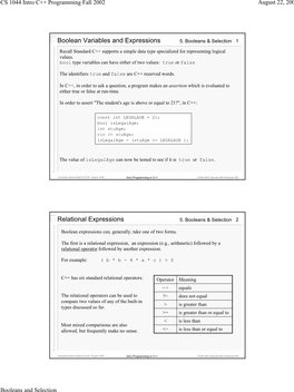 Boolean Variables and Expressions Relational Expressions