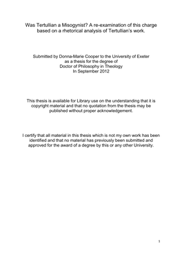 Was Tertullian a Misogynist? a Re-Examination of This Charge Based on a Rhetorical Analysis of Tertullian’S Work