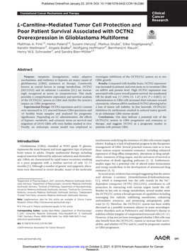 L-Carnitine–Mediated Tumor Cell Protection and Poor Patient Survival Associated with OCTN2 Overexpression in Glioblastoma Multiforme Matthias A