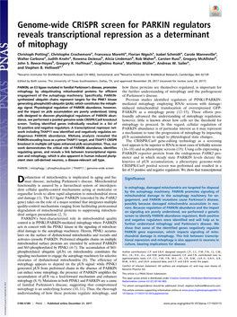 Genome-Wide CRISPR Screen for PARKIN Regulators Reveals Transcriptional Repression As a Determinant of Mitophagy