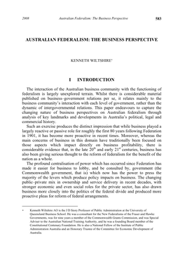Australian Federalism: the Business Perspective I
