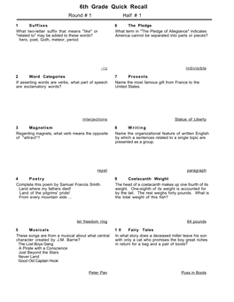 6Th Grade Quick Recall Round # 1 Half # 1