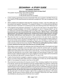 ZECHARIAH - a STUDY GUIDE the CENTRAL QUESTION: What Does This Book/Story Say to Us About God? This Question May Be Broken Down Further As Follows: A