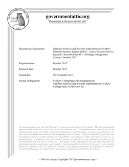 National Security Agency (NSA) - Central Security Service Records - Record Group 457 - Holdings Management System - October 2017