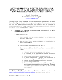 Moving Capital in and out of Cuba: Financial Transactions, Banking, Money Transfers & Tax Laws Applicable to Doing Business in Cuba