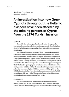 An Investigation Into How Greek Cypriots Throughout the Hellenic Diaspora Have Been Affected by the Missing Persons of Cyprus from the 1974 Turkish Invasion