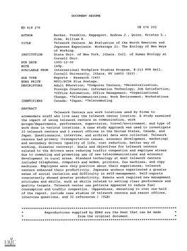 Telework Centers. an Evaluation of the North American and Japanese Experience. Workscape 21: the Ecology of New Ways of Working. INSTITUTION State Univ