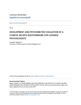 Development and Psychometric Evaluation of a Clinical Beliefs Questionnaire for Licensed Psychologists