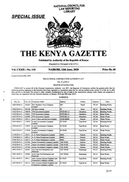 THE KENYA GAZETTE Published by Authority of the Republic of Kenya (Registered As a Newspaper at the G.P.O.) � Vol