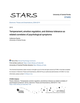 Temperament, Emotion Regulation, and Distress Tolerance As Related Correlates of Psychological Symptoms