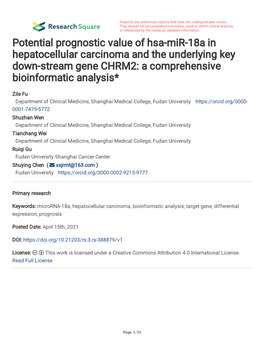 Potential Prognostic Value of Hsa-Mir-18A in Hepatocellular Carcinoma and the Underlying Key Down-Stream Gene CHRM2: a Comprehensive Bioinformatic Analysis*