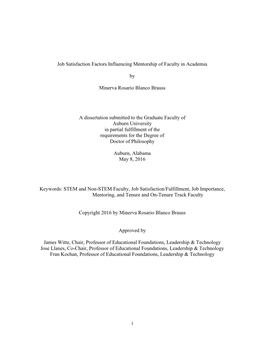 I Job Satisfaction Factors Influencing Mentorship of Faculty in Academia by Minerva Rosario Blanco Brauss a Dissertation Submitt