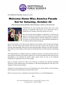 Home Miss America Parade Set for Saturday, October 22 Miss America Savvy Shields, FHS Graduate in 2013, to Be Honored