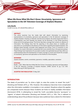 Uncertainty, Ignorance and Speculation in the UK Television Coverage of Airplane Disasters