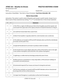 ATMO 101 – Weather & Climate PRACTICE MIDTERM 2 EXAM