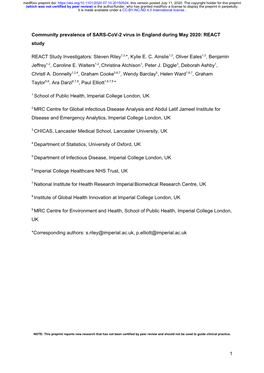 Community Prevalence of SARS-Cov-2 Virus in England During May 2020: REACT Study